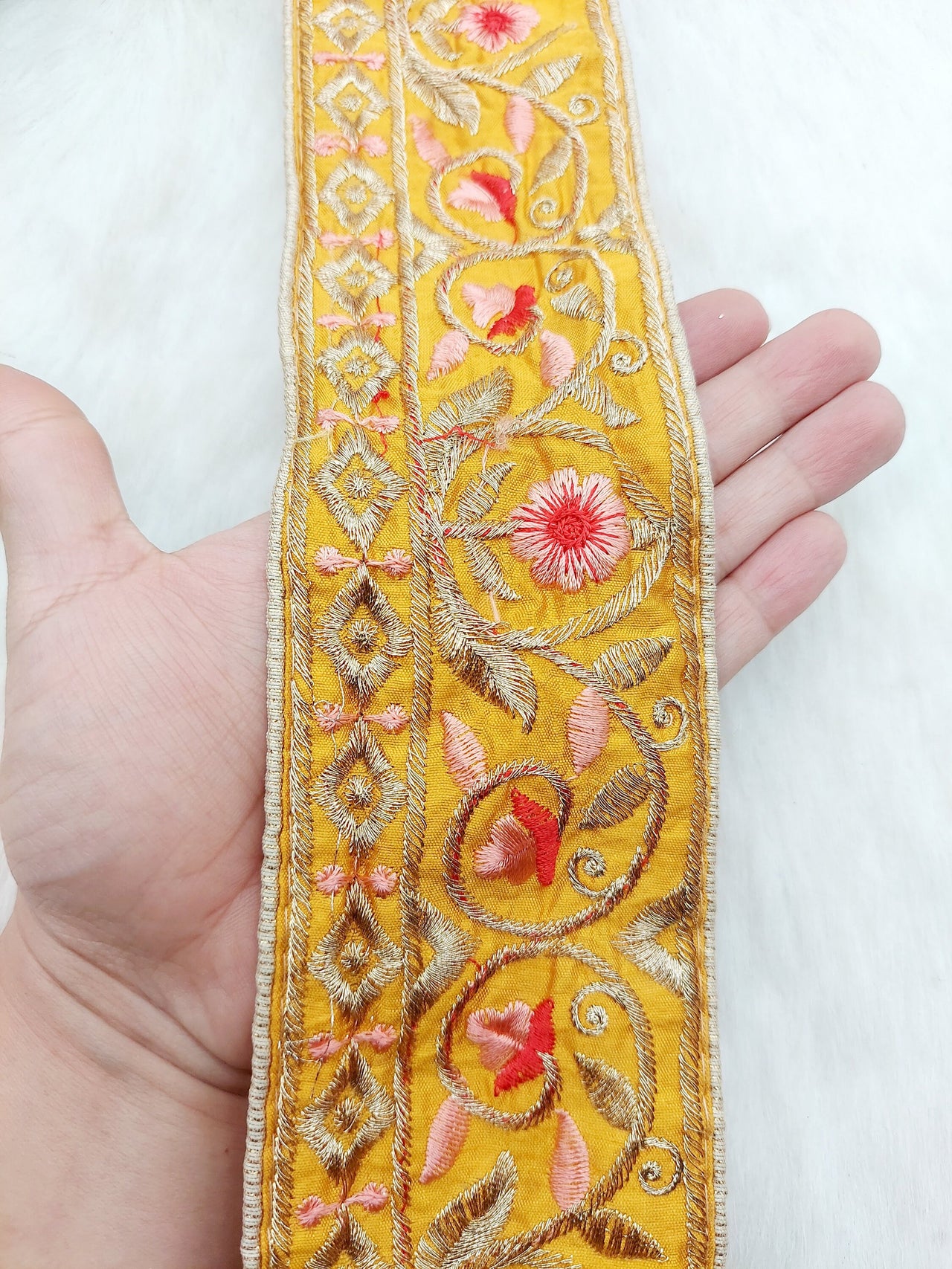 Mustard Yellow Art Silk Trim In Gold Floral Embroidery, Embroidered Flowers Border, Decorative Trim, Trim by Yard | 9 Yards