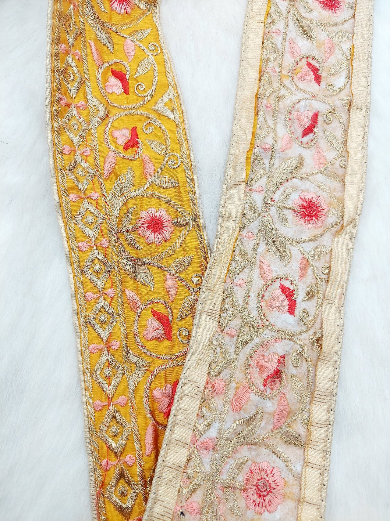 Mustard Yellow Art Silk Trim In Gold Floral Embroidery, Embroidered Flowers Border, Decorative Trim, Trim by Yard | 9 Yards