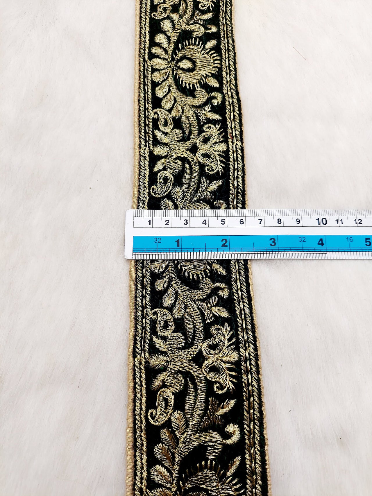 Dark Green Velvet Trim In Gold Floral Embroidery, Trim By Yard | 9 Yards, Decorative Trimming, Embroidered Trim