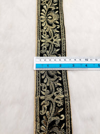 Thumbnail for Dark Green Velvet Trim In Gold Floral Embroidery, Trim By Yard | 9 Yards, Decorative Trimming, Embroidered Trim