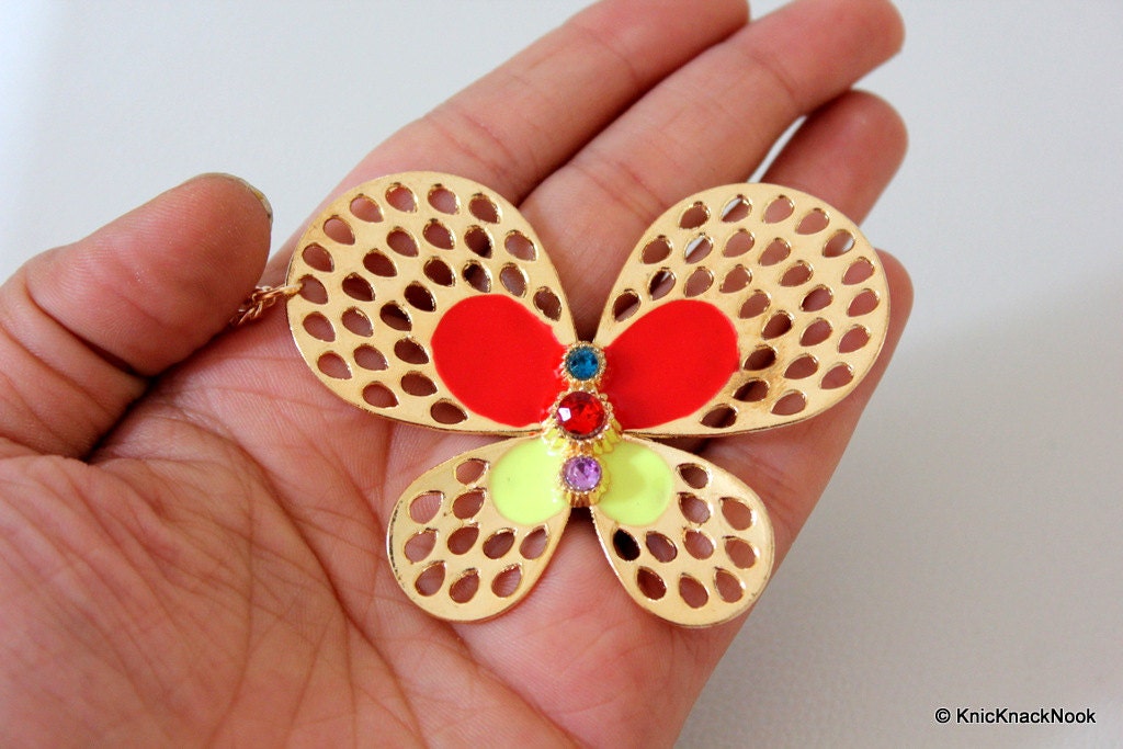 Gold, Red and Green Butterfly Pendant Necklace
