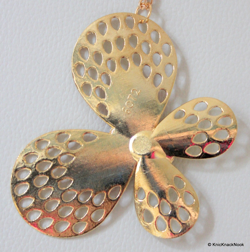 Gold, Red and Green Butterfly Pendant Necklace