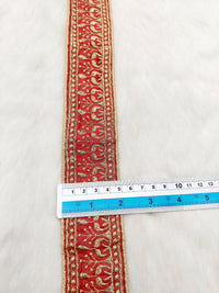 Thumbnail for Red Art Silk Trim In Gold Floral Embroidery, Embroidered Flowers Border, Approx. 50mm wide, Decorative Trim, Trim by Yard |9 Yards