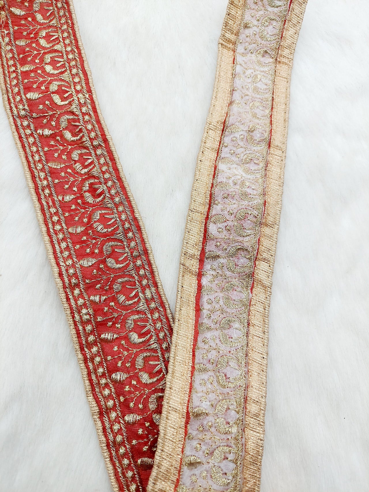 Red Art Silk Trim In Gold Floral Embroidery, Embroidered Flowers Border, Approx. 50mm wide, Decorative Trim, Trim by Yard |9 Yards