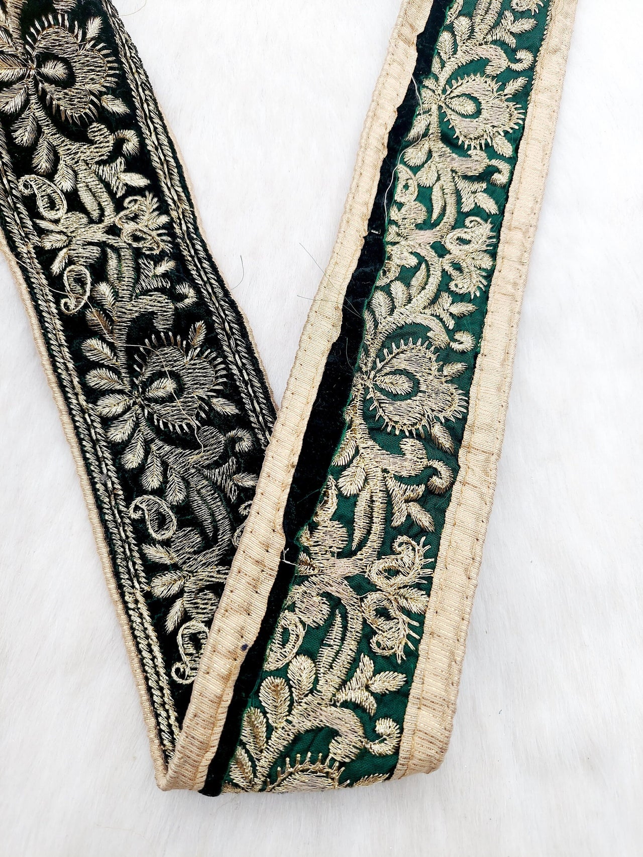 Dark Green Velvet Trim In Gold Floral Embroidery, Trim By Yard | 9 Yards, Decorative Trimming, Embroidered Trim