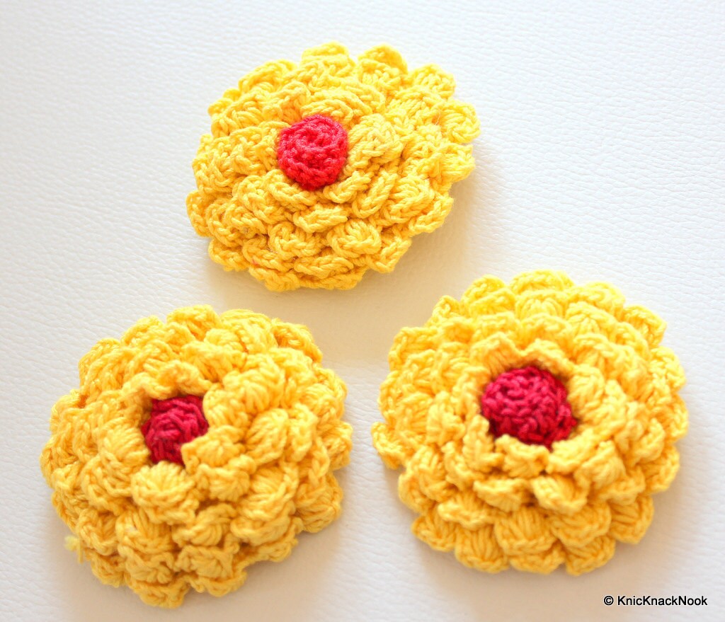 Yellow and Red Crochet Flower Applique x 1