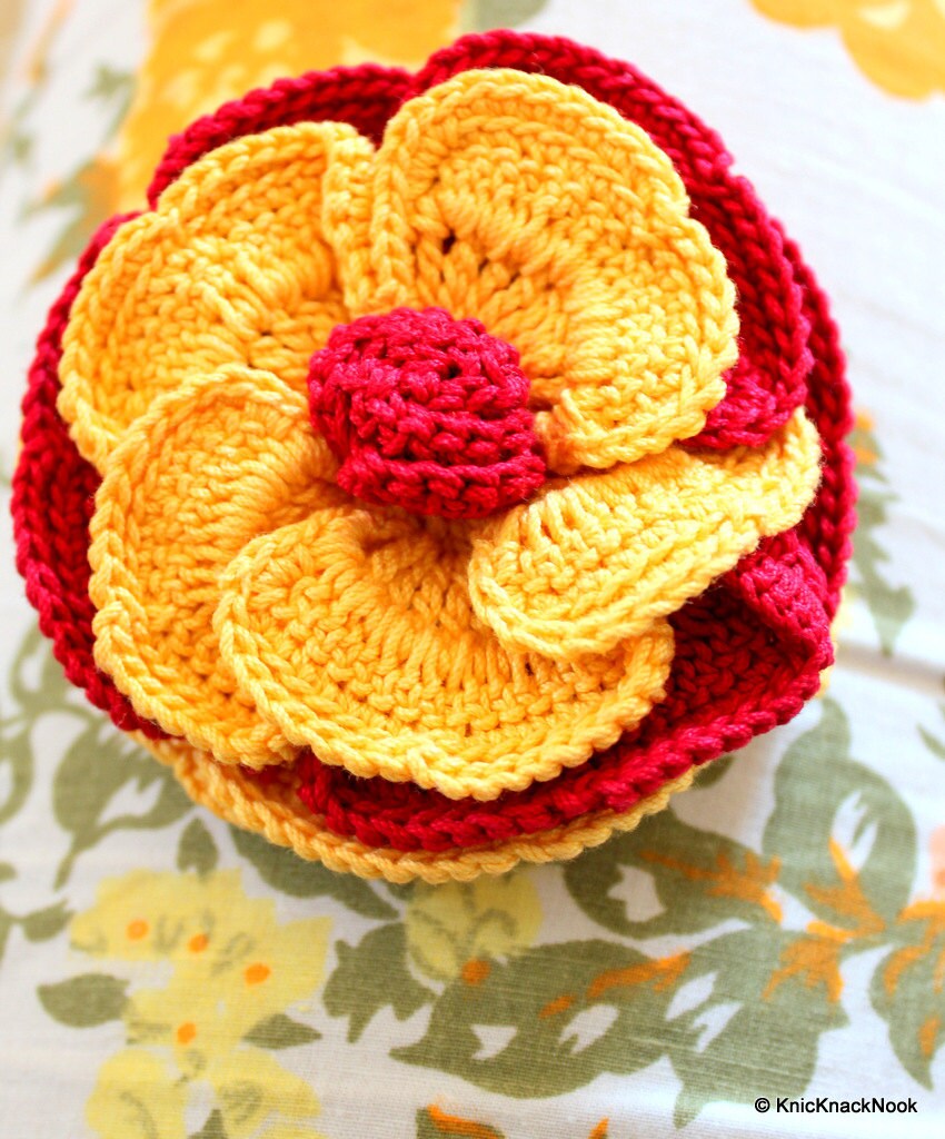 Yellow and Maroon / Red Crochet Flower Applique x 1