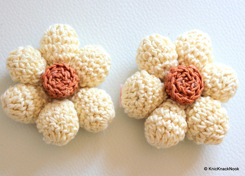 Beige and Brown Crochet Flower Applique x 2