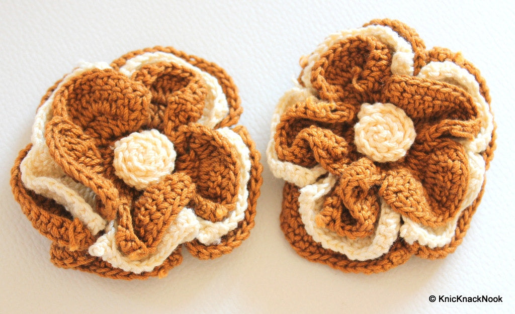 Brown and Beige Crochet Flower Applique x 1