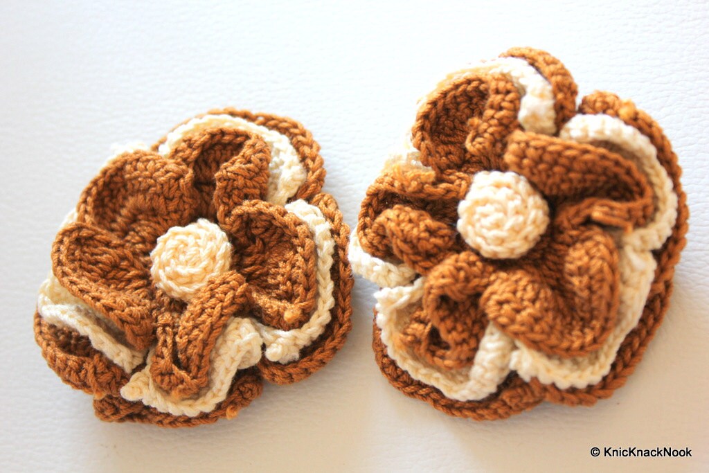 Brown and Beige Crochet Flower Applique x 1