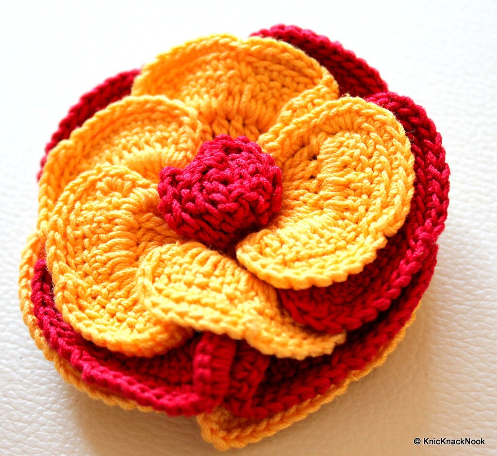 Yellow and Maroon / Red Crochet Flower Applique x 1