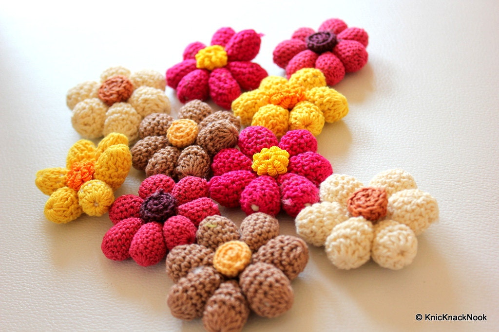 Beige and Brown Crochet Flower Applique x 2