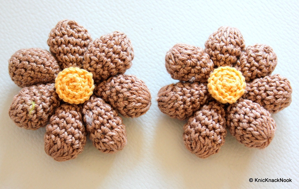 Brown and Yellow Crochet Flower Appliqué x 2