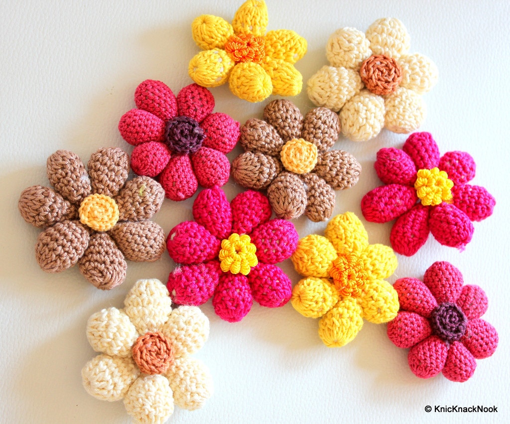Brown and Yellow Crochet Flower Appliqué x 2