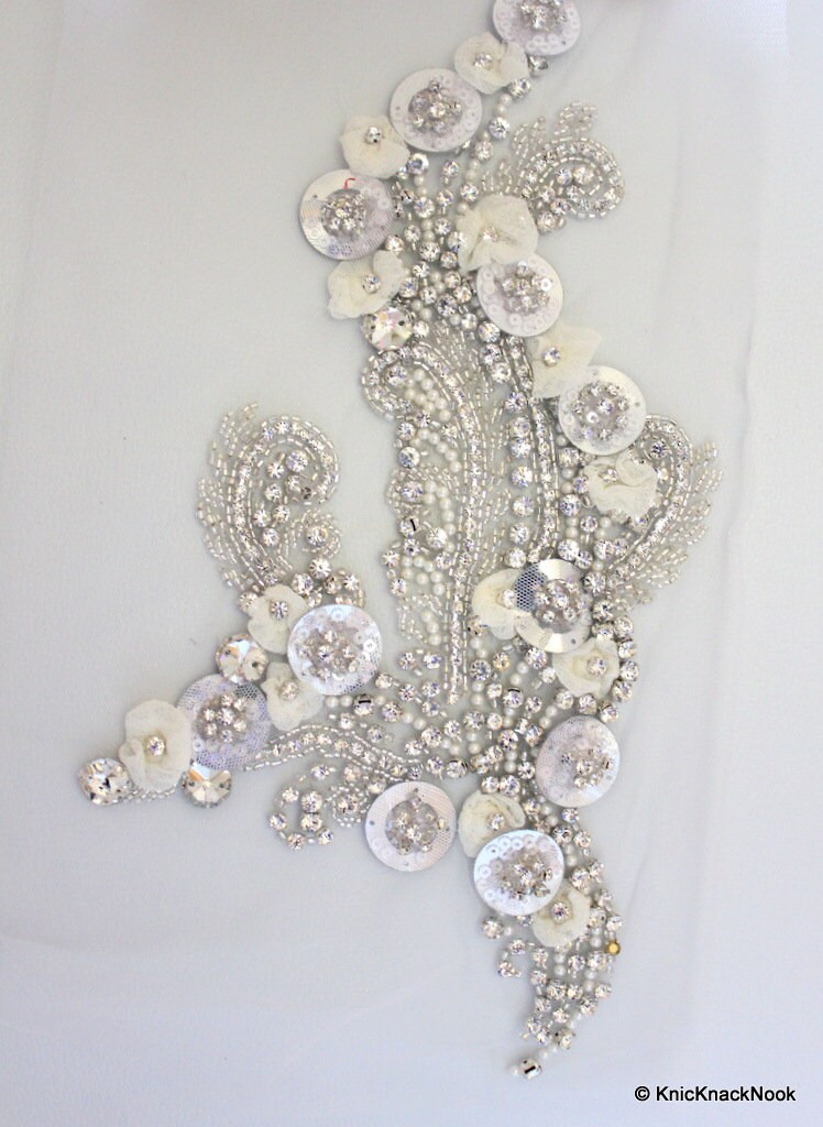 Faux Swarovski Crystal, Pearl, Silver Beaded Applique Wedding Bridal Accessories