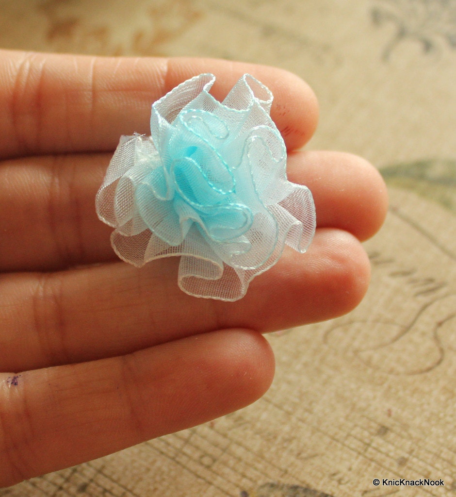 Organza Ribbon Blue and White Carnation Flower Appliques/ Crafts/ Wedding Decoration x 5