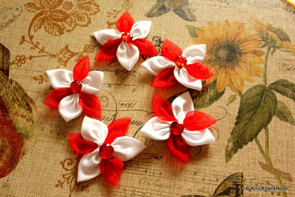 Satin Ribbon Red and White Flower Appliques/ Crafts/ Wedding Decoration x 5
