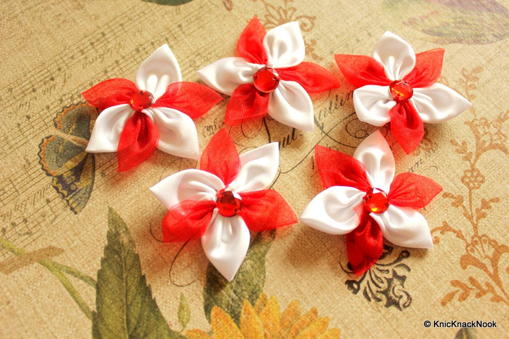 Satin Ribbon Red and White Flower Appliques/ Crafts/ Wedding Decoration x 5