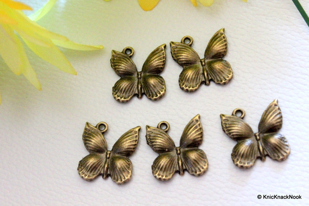 5 x Bronze Tone Butterfly Charm Spacer Pendants