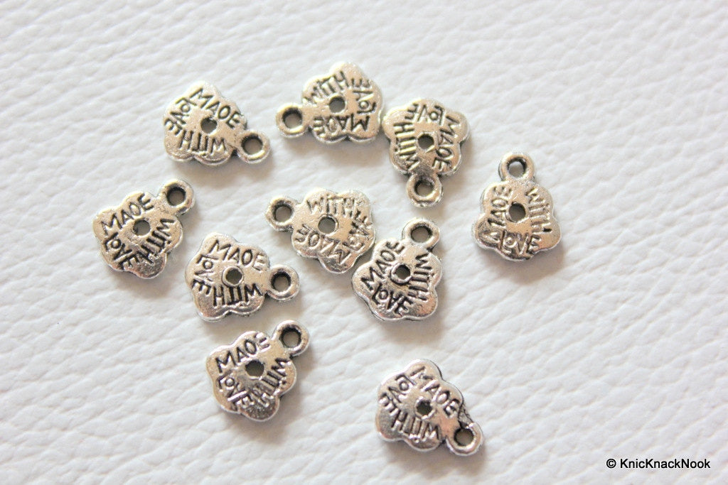 9 Flower 'Made with love' Silver Tone Pendant Charms 9mm