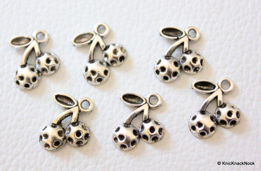 6 x Cherry Fruit Silver Tone Charms 15mmx14mm