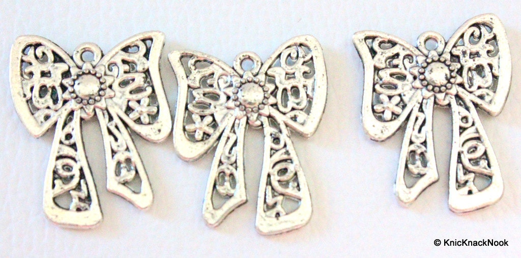 3 x Bow filigree huge Silver Tone Charms