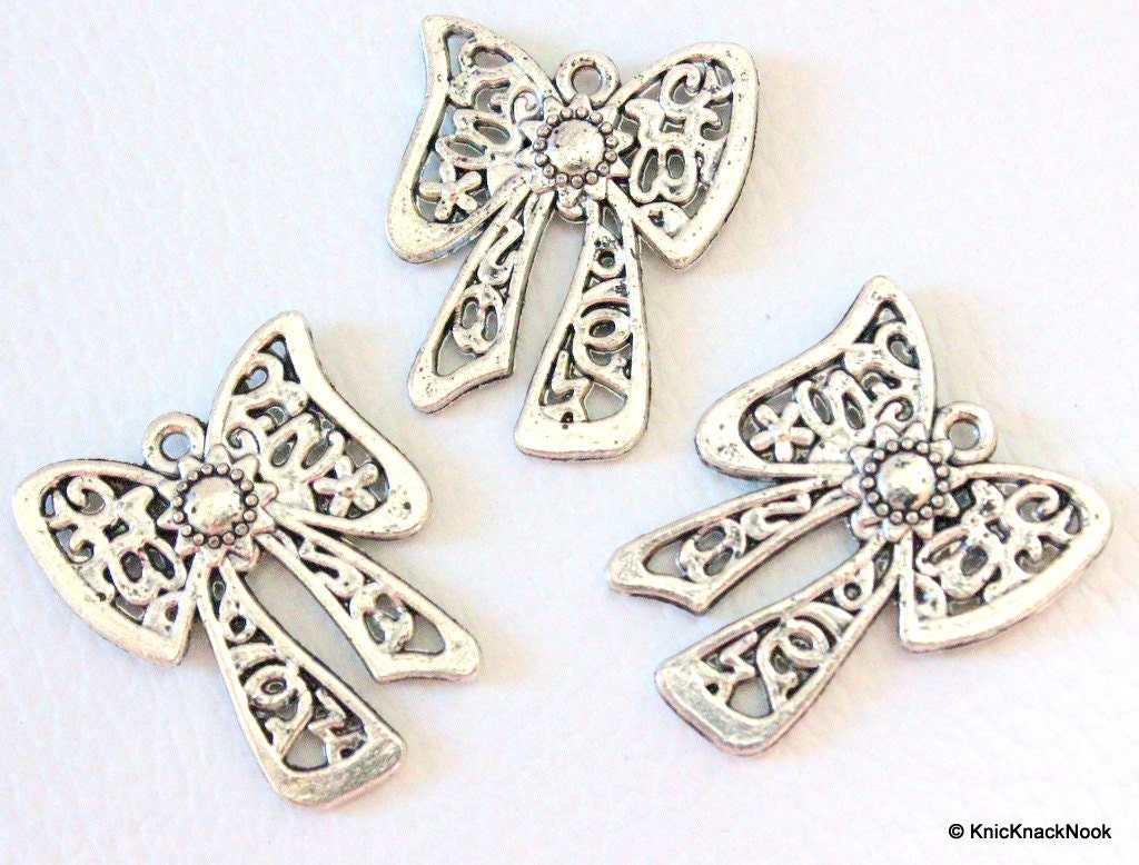 3 x Bow filigree huge Silver Tone Charms