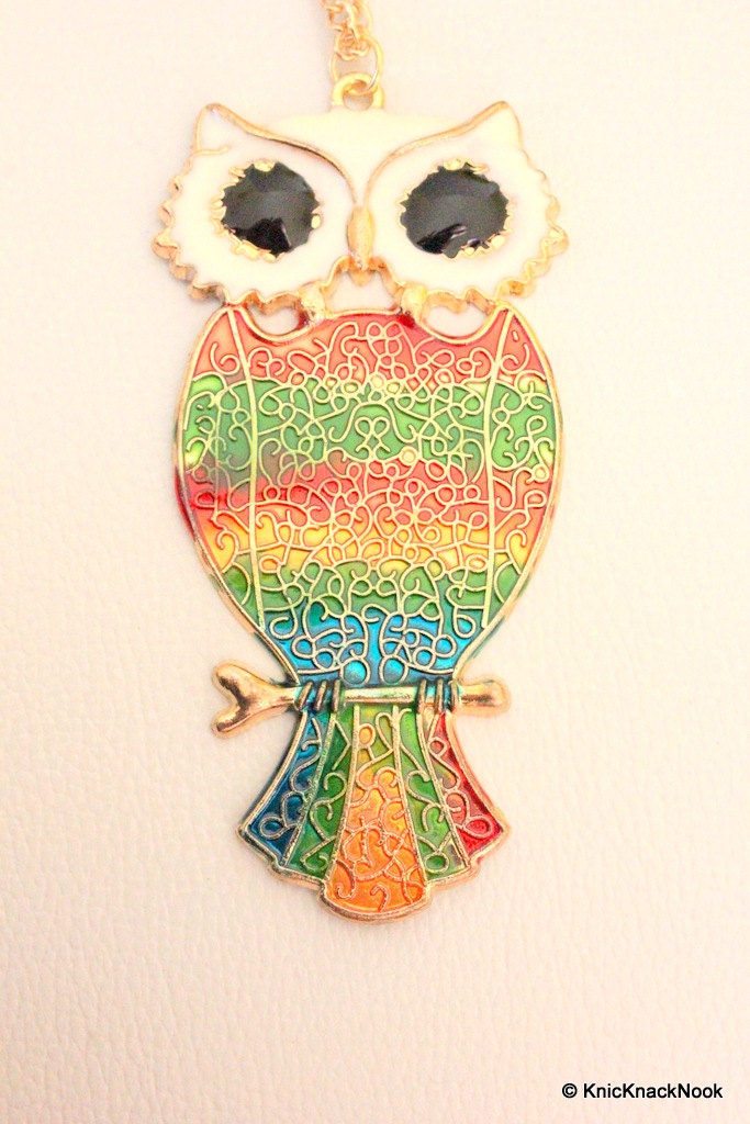 Stunning Owl Gold and Multicoloured Large Pendant Necklace