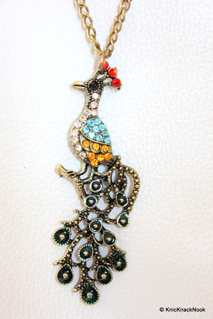 Peacock Bronze Tone Multicoloured Rhinestone Pendant Necklace