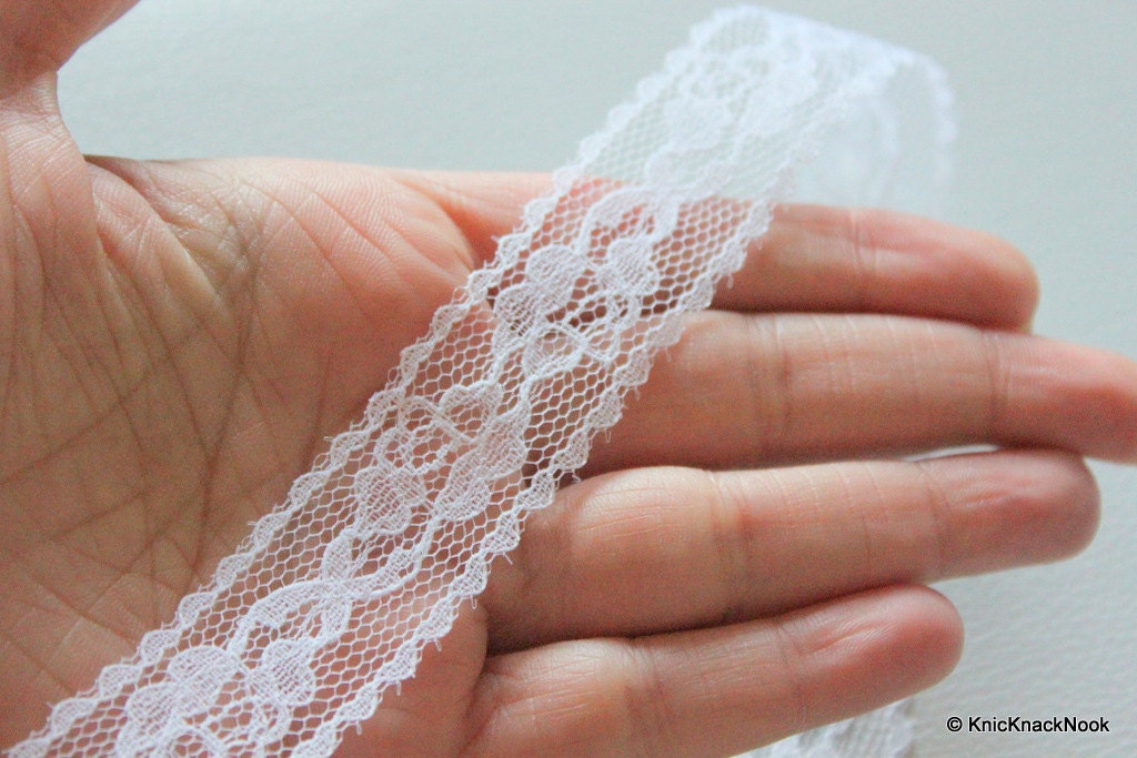 White Embroidered Net Lace Trim Ribbon 23mm wide, 2 Yards