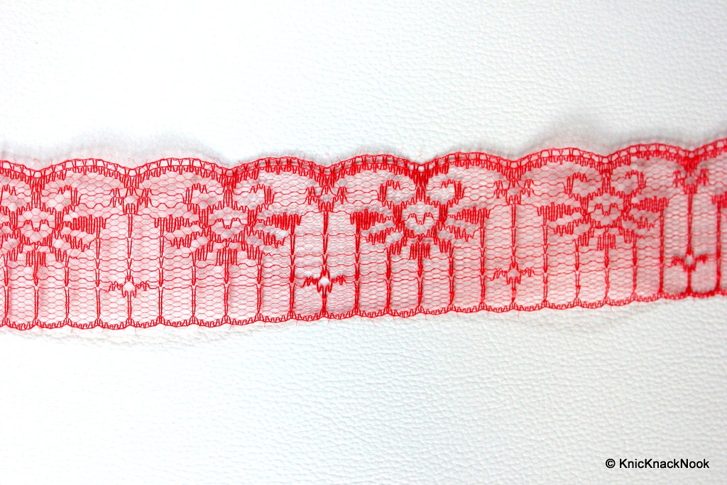 Red Embroidered Net Lace Trim Ribbon 50mm wide, 2Yards