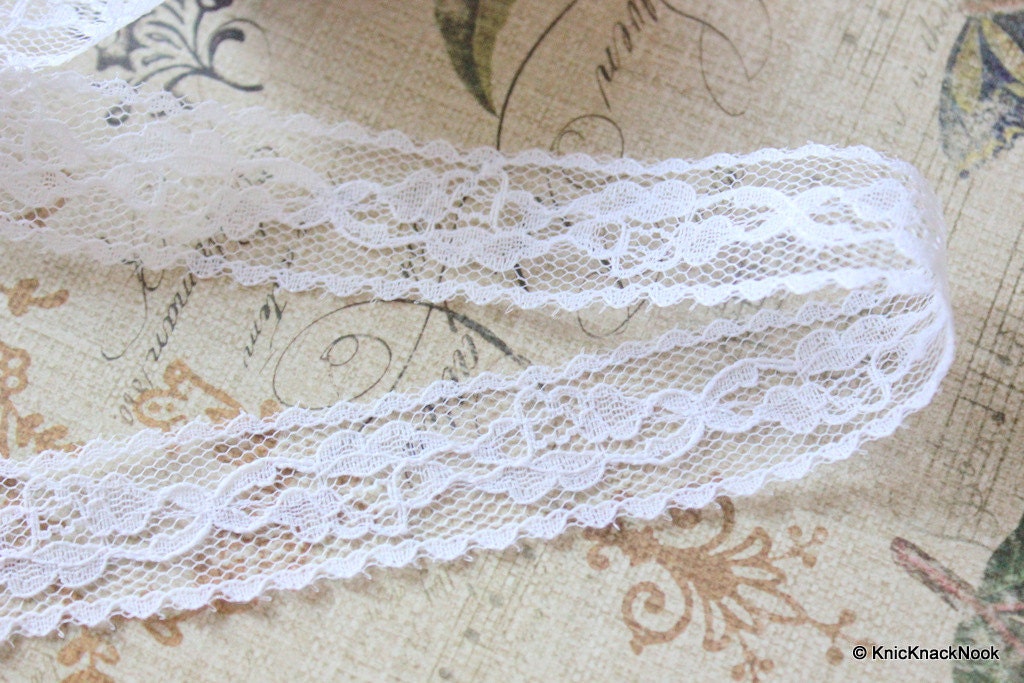 White Embroidered Net Lace Trim Ribbon 23mm wide, 2 Yards