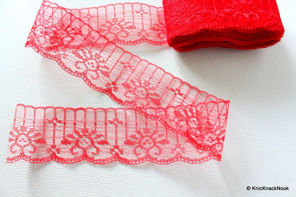 Red Embroidered Net Lace Trim Ribbon 50mm wide, 2Yards