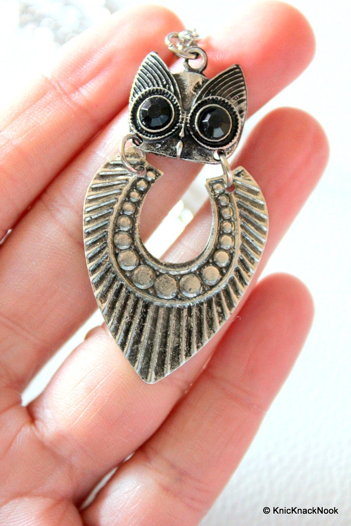 Tribal Antique silver tone Owl Pendant Necklace