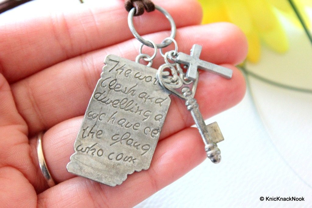 Shakespeare Message With Key And Cross Silver Pendant with Brown Necklace