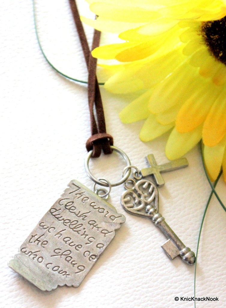 Shakespeare Message With Key And Cross Silver Pendant with Brown Necklace