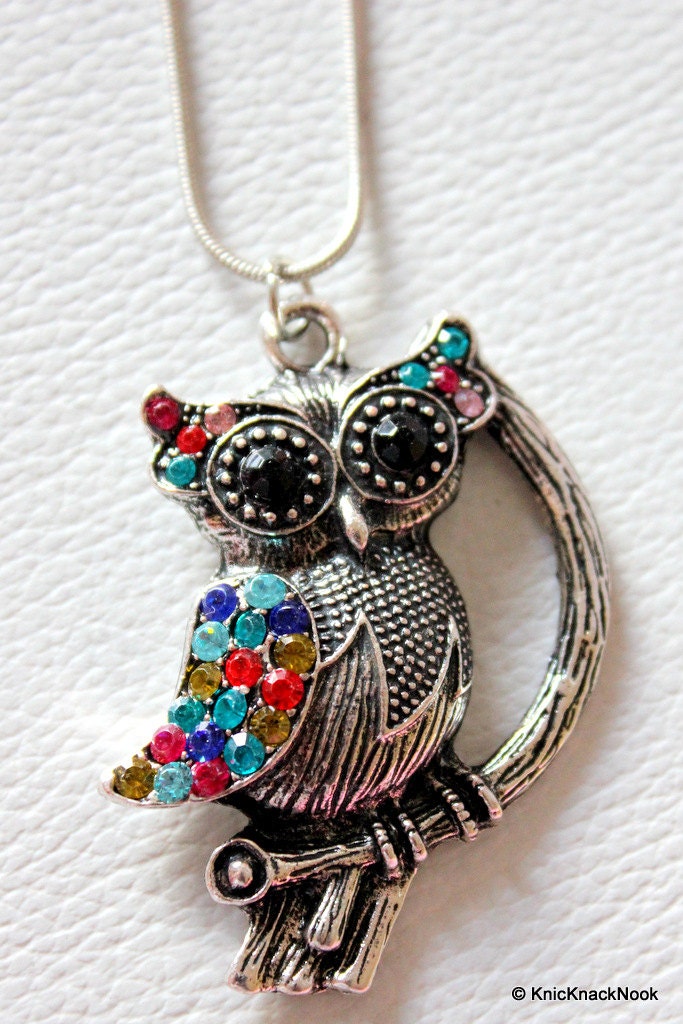 Silver Owl On Branch With Colourful Rhinestones Pendant