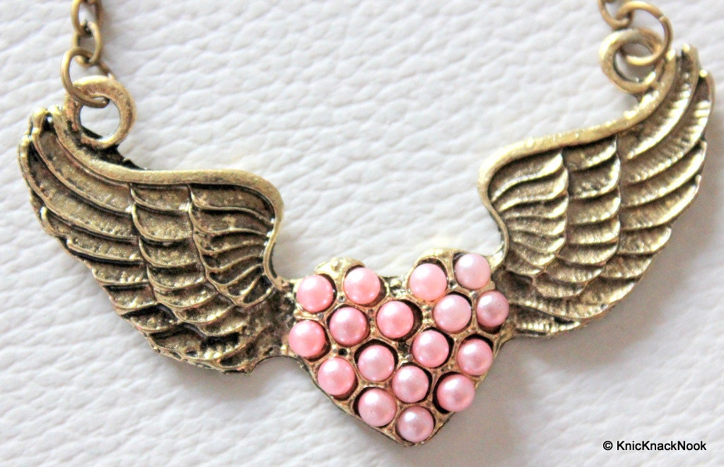 1 x Heart Shape With Angel Wings Pink and Bronze Pendant
