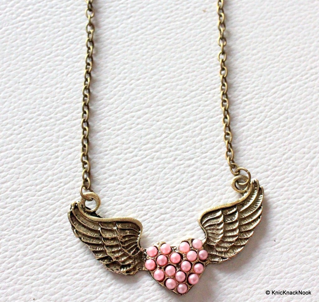 1 x Heart Shape With Angel Wings Pink and Bronze Pendant