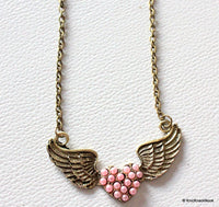 Thumbnail for 1 x Heart Shape With Angel Wings Pink and Bronze Pendant