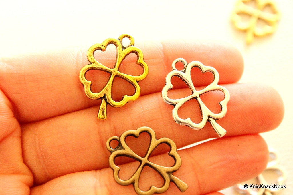 Four Leaf Clover Gold, Silver and Bronze Tone Charms Collection x 15