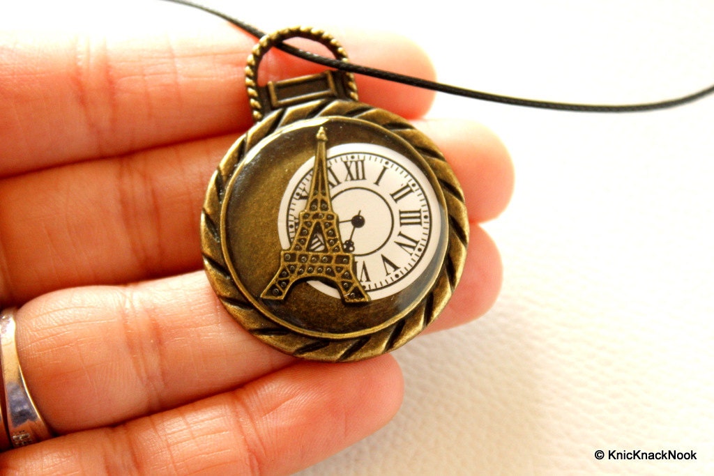 Bronzed Eiffel Tower Watch Necklace Pendant, Eiffel Tower Charm Pendant, Watch Clock Round Pendant
