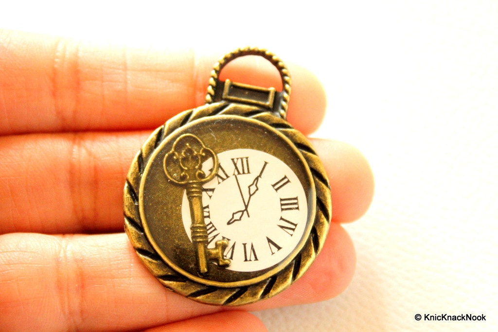 Bronzed Key Watch Necklace Pendant, Clock Pendant. Key Charm, Clock Pendant Charm