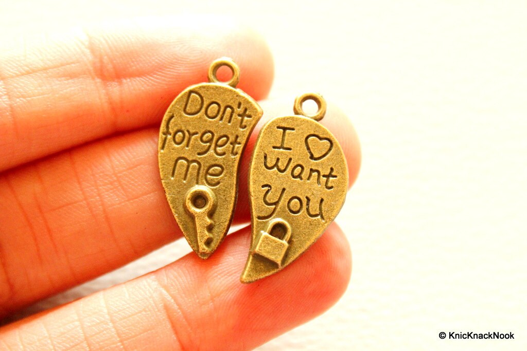 6 x Two pieces of a Heart 'Don't forget me', 'I want you' Bronze Tone Charms