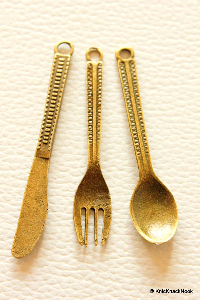 3 x Huge Bronze Tone Cutlery Charms Spoon, Knife and Fork