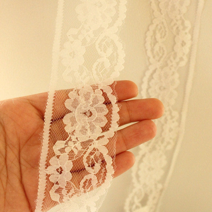 White Embroidered Net Lace Trim Ribbon Approx 46mm wide