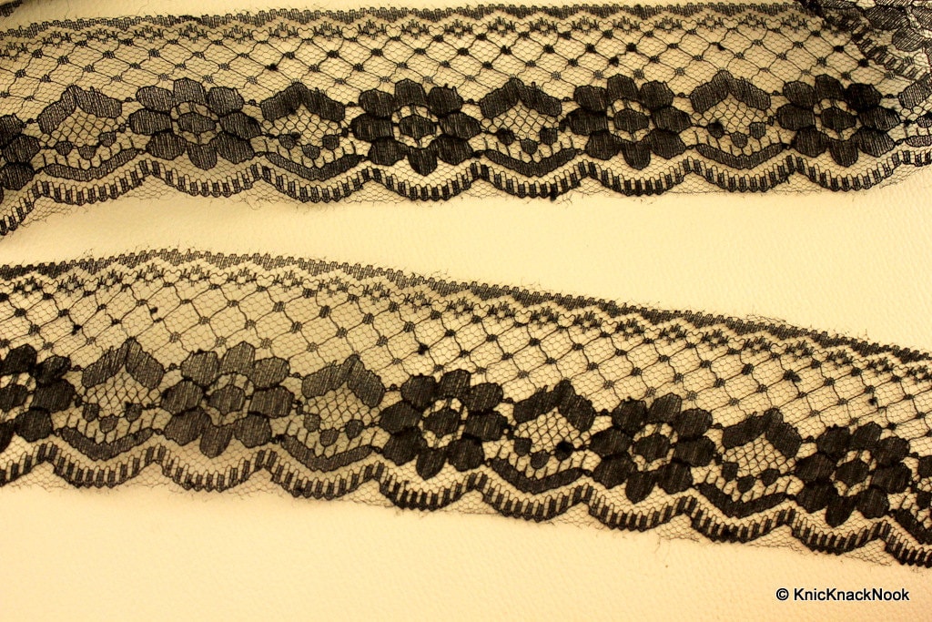 Black Embroidered Net Lace Trim Ribbon 50mm wide