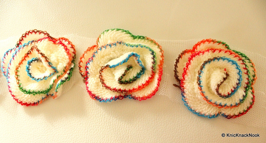 White Crochet Wool Rose With Multicoloured Threads Flower Appliqué x 2