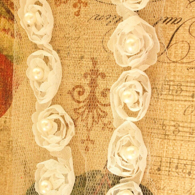 White Rose With Pearl Trim One Yard