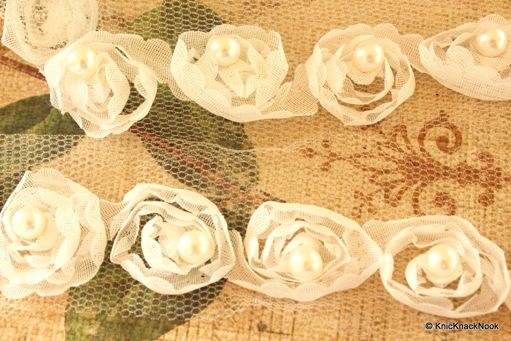 White Rose With Pearl Trim One Yard
